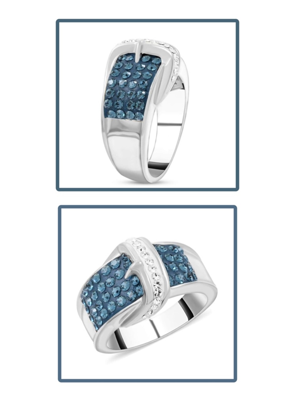 Silvertone Blue & White Crystal Pave buckle Ring size 7